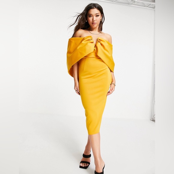 ASOS Dresses & Skirts - NWT ASOS Bardot draped sleeve midi pencil dress in mustard, Size 10